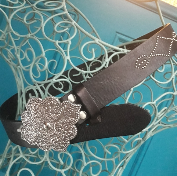 Genuine Leather Belt Buckle Metal Studded Rivets Micro Crystals Black - Picture 14 of 16